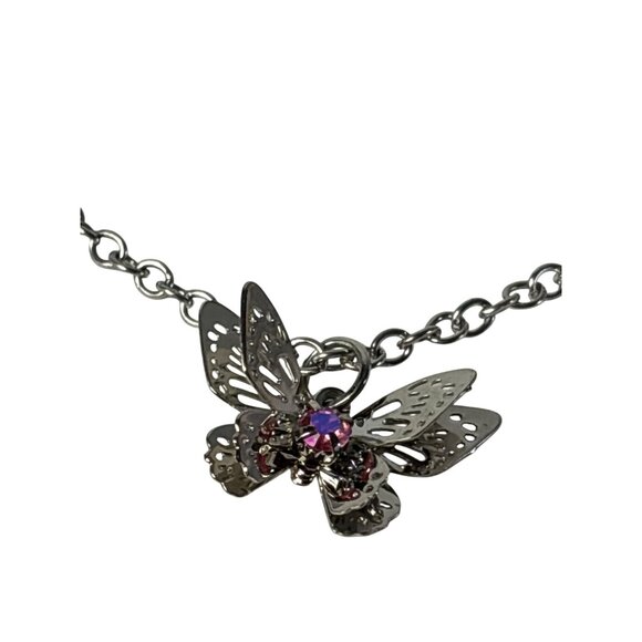 Butterfly Pendant Necklace With Pink Rhinestone Silvertone Chain 18 - 20.5 inche - Picture 1 of 4